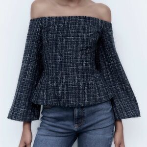 Zara Off-Shoulder Blue Plaid Women's Top Medium
